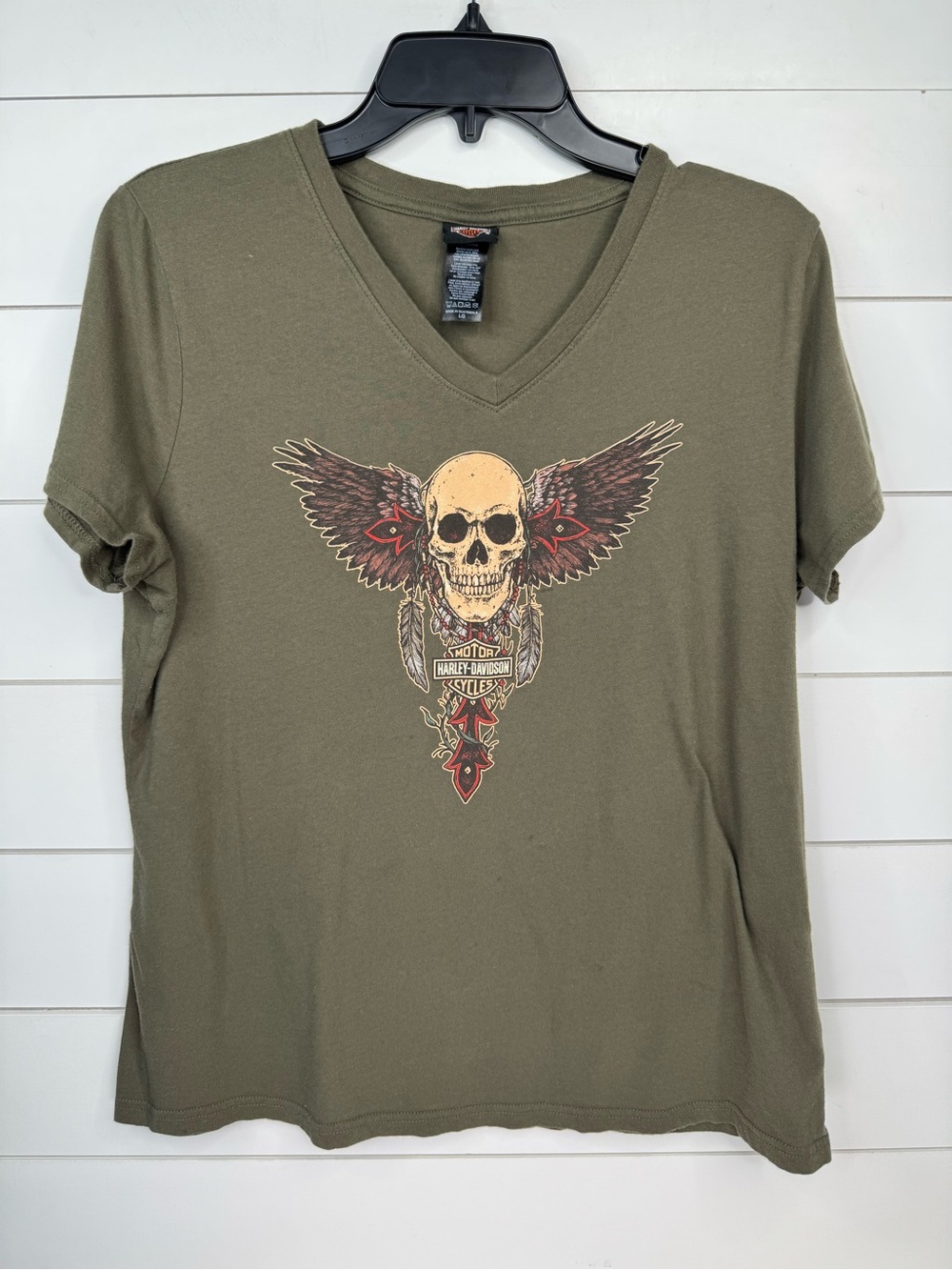 Harley-Davidson T-Shirt Womens Size L Olive Green V-Neck Skull Wings